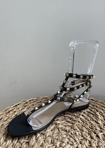 $990 Valentino Garavani Rockstud Caged Leather Thong Flat Sandals Black, 6.5, 7 - Picture 1 of 9