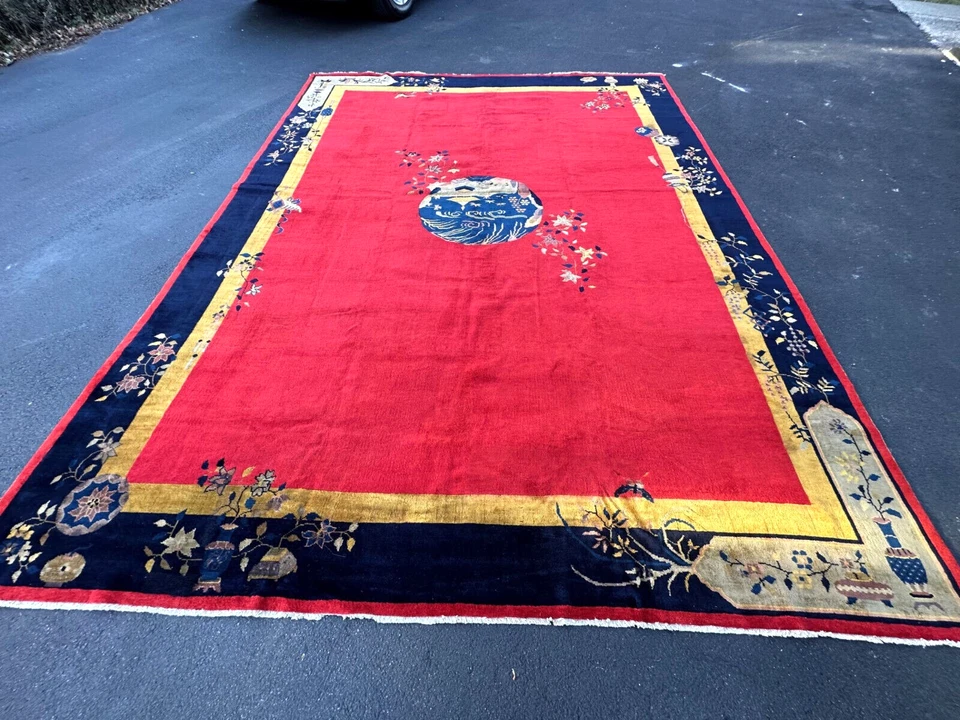  Hermosa alfombra china antigua hecha a mano Art Deco 9x12 pies alrededor de 1900 Foto 1 de 4