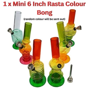 Acrylic Mini Water Bong Pipe 6 Inch RASTA & Plain Colour, Hookah Smoking Pipe UK - Picture 1 of 45