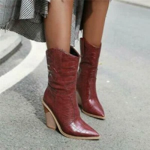 Women's Western Cowboy Mid Calf Boots Pointed High Block Heels Boots us 5-12 - Picture 1 of 16