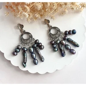 Natural Tahitian Pearl Heart Chandelier Vintage Silver T Clip On Style Earrings - Imagen 1 de 10