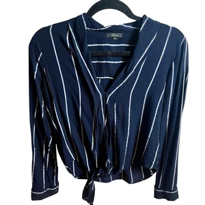 Rails Stripe Blouse XS Navy Long Sleeve Tie Front Metallic Stripe Ava Livorno - Picture 1 of 17