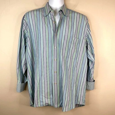 Alan Flusser Mens Striped Dress Shirt Size XLBlue Green Contrast Cuffs Classic — 第 1/4 张图片