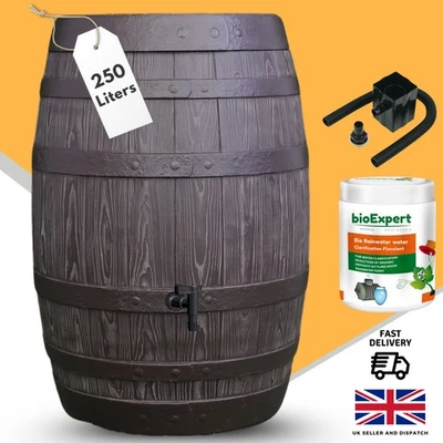 Rustic Oak Barrel Look Water Butt Kit with Tap, Diverter & Cleaner for Garden - Image 1 of 4