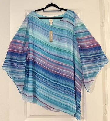 NWT Chico’s Vivid Striped Asymmetrical Top Women’s Size 3 Kimono Sleeves Chiffon - Image 1 of 4