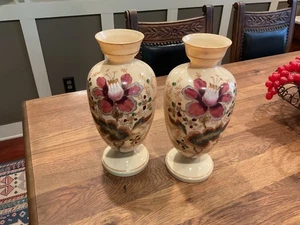 Antique Pair (2) Victorian Bristol Glass Vases Hand Paint Bas Relief Enamel 12” - Picture 1 of 6