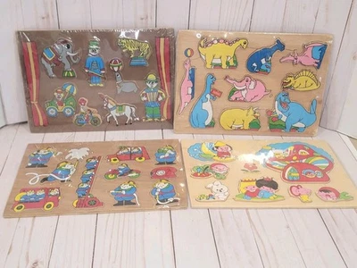 NEW Vtg Childrens Wooden Puzzle Set Of 4 Circus Dino Fireman Fantasy Indonesia - Image 1 of 4