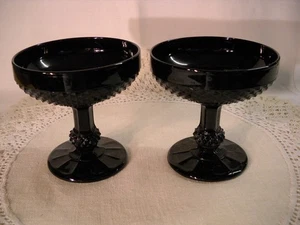 Vintage Black Glass Footed Sherbet Dessert Bowls Set of 2 Diamond Point Indiana? - Picture 1 of 5