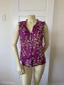 Top floral sin mangas con cuello en V delantero con botones azul marino antiguo 100 % algodón talla mediana - Imagen 1 de 8