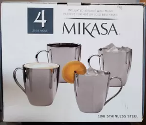 INSULATED CUPS MIKASA STAINLESS STEEL DOUBLE WALLED WALL COFFEE MUGS HANDLES 4PC - Picture 1 of 3