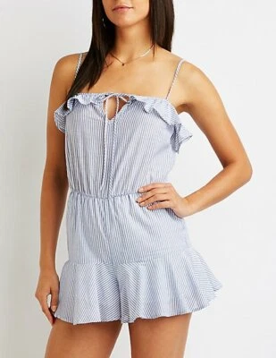 Mameluco con volantes de algodón a rayas azul blanco Charlotte Russe para mujer talla mediana NUEVO Foto 1 de 4