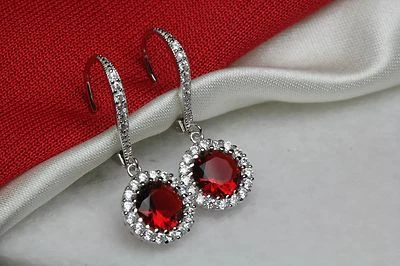 Garnet Halo Nickel Free Sterling Silver Dangle Leverback Earrings 1.91Ct /Pair - Image 1 of 4