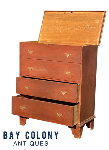 18TH C ANTIQUE QUEEN ANNE PERIOD RED WASH 2 DRAWER LIFT TOP BLANKET BOX Cover