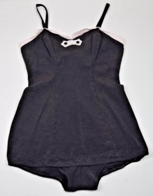 Swimsuit VTG Rose Marie Reid Size S/M 50s Tuxedo Buttons Charcoal Silky Texture - Image 1 of 4