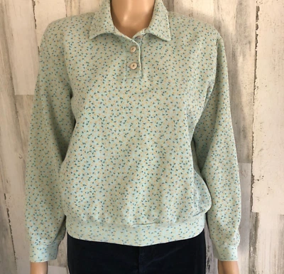 vtg Womens Ribbed Knit Top PM Collar 3-Button Sage Green Floral Long Slv TEDDI - Image 1 of 4