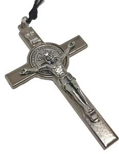 St Saint Benedict Silver Plated Crucifix Cross Christian Pendant Necklace 3.2'' - Picture 1 of 17
