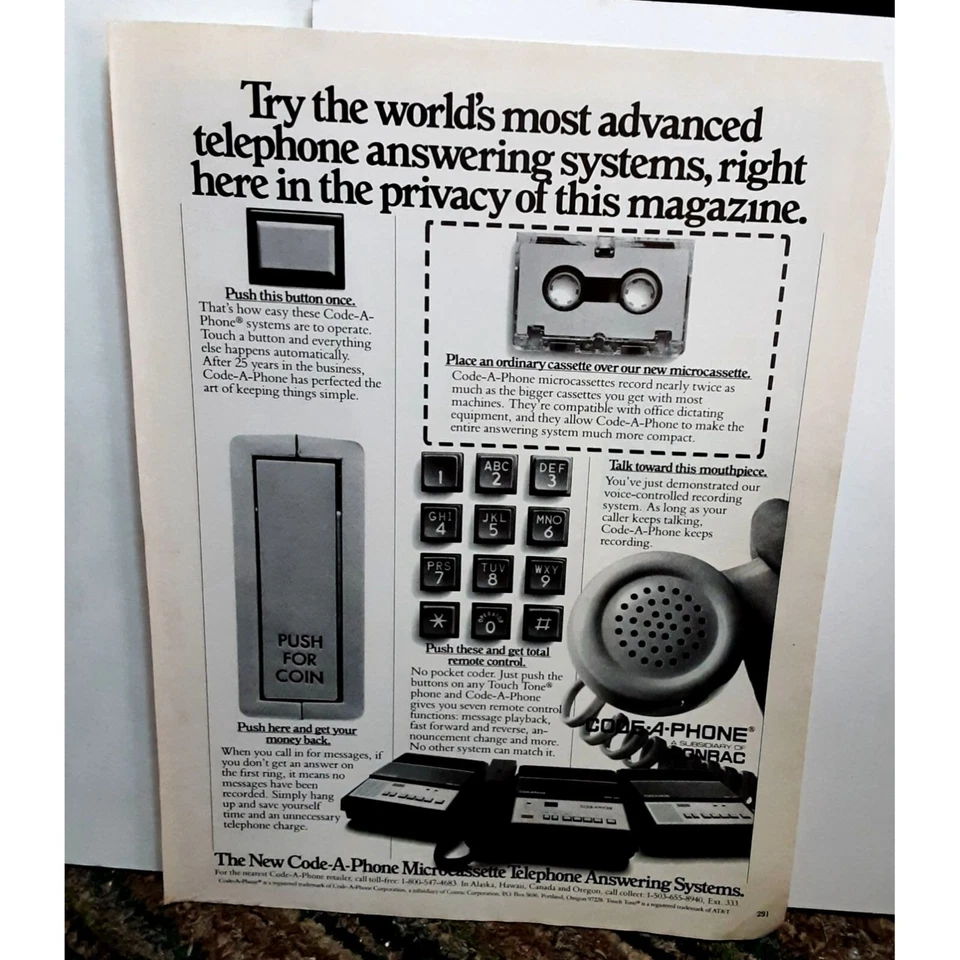 Contestador automático telefónico Code a Phone 1984 anuncio impreso original Foto 1 de 1