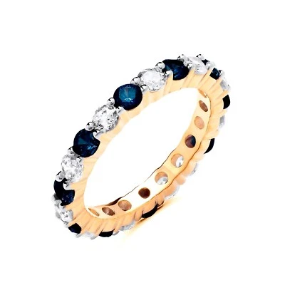 Anillo de oro de 9 quilates sobre plata simulado de zafiro azul y circonita cúbica banda de eternidad completa talla K-S Foto 1 de 4