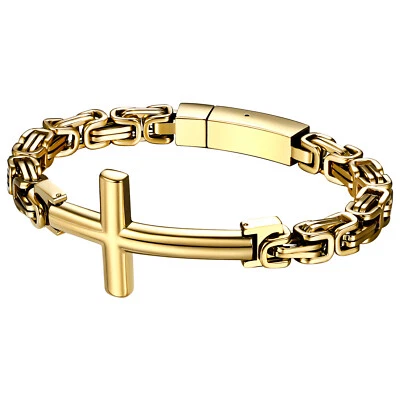 Men's Religious Cross Bracelet Byzantine Chain Stainless Steel Link Bracelet - Image 1 of 3