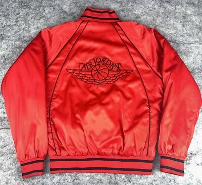 Vintage 1985 Nike Air Jordan 1 OG Wings Satin Red Bomber Jacket Mens Medium - Image 1 of 4