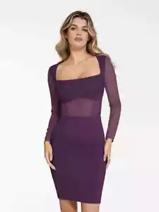 Popilush Shapewear Long Sleeve Mesh Inset Bodycon Midi Dress Size 2XL Purple - Picture 1 of 9