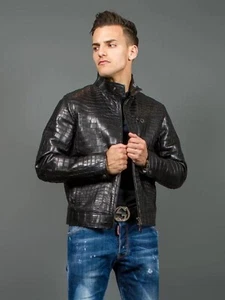 Men's Black Crocodile Embossed Leather Jacket Luxury Slim Fit Modern Streetwear - Picture 1 of 13