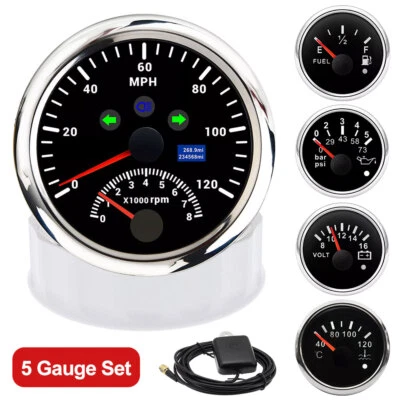5 Gauge Set 85mm GPS Speedometer 120MPH Tacho Fuel Gauge Oil Pressure Temp Volt - Image 1 of 4