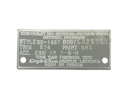 1958-1964 Chevrolet New Cowl Tag Stamping Service - Image 1 of 4