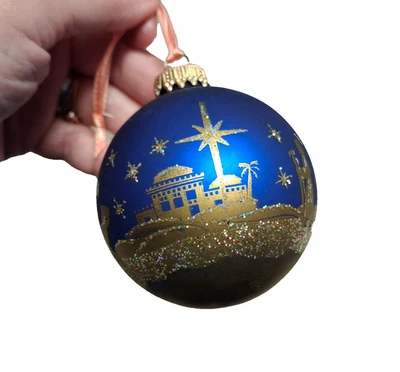 VTG Blue Glass Ornament CBK Stencil 2.25" Wise Men Bethlehem Mary Joseph - Image 1 of 4