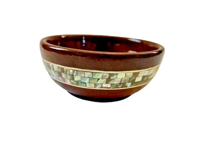 Egyptian Beech Wood Inlaid Mother of Pearl Paua Bowl 5.25" diameter X 2.25" #11 - Image 1 of 3
