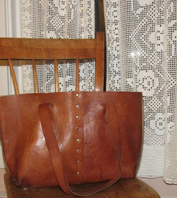 Vin Baker Tote Bag Italian Brown Leather Silver Studs Distressed USA - Image 1 of 4