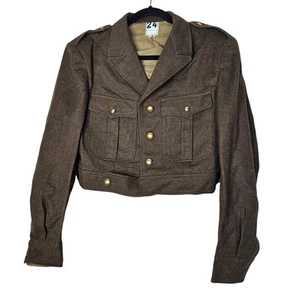 Vintage 40s 50s French Wool Military Ike Jacket Cropped Green Gold Button Small  - Picture 1 of 6