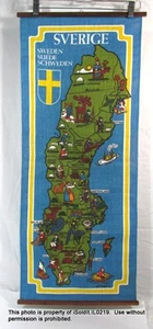 VINTAGE SVERIGE SWEDEN SCHWEDEN FABRIC MAP WALL HANGING 14-5/8" x 36" - Picture 1 of 5