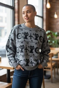 Suéter Pullover Informal Romwe Goth Talla Grande Mujer 2XL Gráfico Cruz y Gato  - Imagen 1 de 10