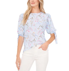 CeCe Floral Tie Sleeve Blouse Blue Size S 4001 - Picture 1 of 1