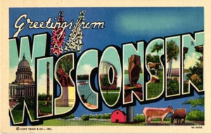 Wisconsin Big Letter Greeting Border Unposted Divided Back Linen Postcard - Picture 1 of 2