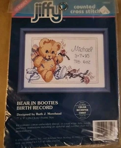 Sunset Jiffy Bear in Booties Birth Record counted cross stitch kit NIP - Picture 1 of 2