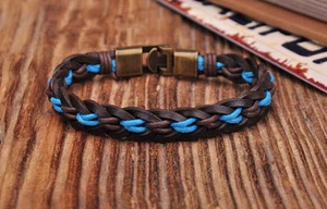 NG205 Brown Surfer Handmade Hemp Leather Braided Mens Wristband Bracelet Cuff - Picture 1 of 6