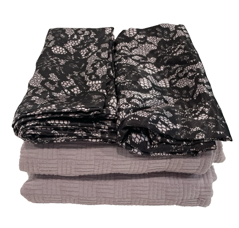 King Satin Sheet Set Black Lilac Lace Design and 2 Fieldcrest Lilac Pillow Shams - Image 1 of 4
