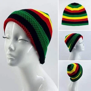Black Beanie Hat with Rasta Design colors Red, Green and Yellow - Picture 1 of 5