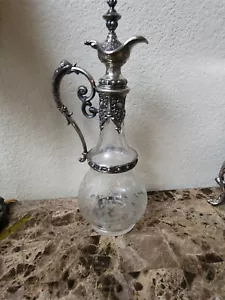 RARE Antique Circa Art Nouveau Silver Plate Etched Glass Claret Jug decanter - Picture 1 of 16