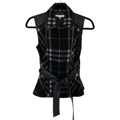 Colete Cabi preto xadrez mistura de lã com acabamento de couro sintético tamanho XS - Imagem 1 de 4