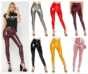 Women Ladies Vinyl PVC High Waisted Wet Look Disco Party Fashion Leggings Pant - Picture 1 of 9