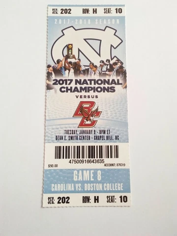 2017-18 North Carolina Tar Heels Boston College Basketball Full Ticket Stub Cover