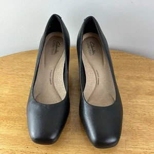 Clarks Women's Kyndall Iris Black Leather Comfort Block Heel Size 9M - Picture 1 of 5
