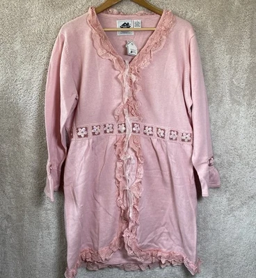 STORYBOOK KNITS Cardigan Sweater Duster 1X Ruffled Pink Ribbon Lace Beads NWT - Image 1 of 4