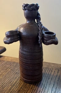 Folk Art Heavy Pottery Woman With Braid And Pots Candle Holder - Picture 1 of 6
