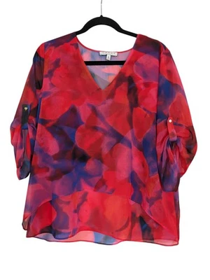 Blusa Top Chaus NY Mujer Roja Púrpura Talla M Alta Baja Popover Pestaña Enrollable Gasa Foto 1 de 4