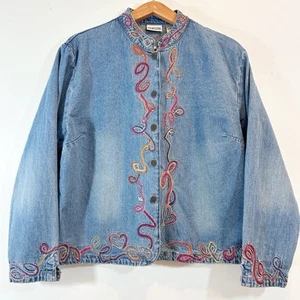 Chico's Denim Jacket Size 2 Blue Embroidered Swirls Hearts Long Sleeve Button Up - Picture 1 of 14