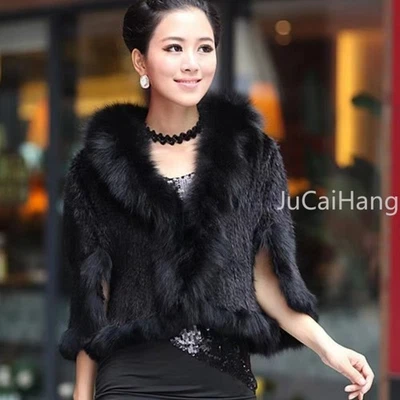 100% Real Genuine Hand Knitted Mink Fur Shawl Fox Collar Cape Stole Scarf Cloak - Image 1 of 4